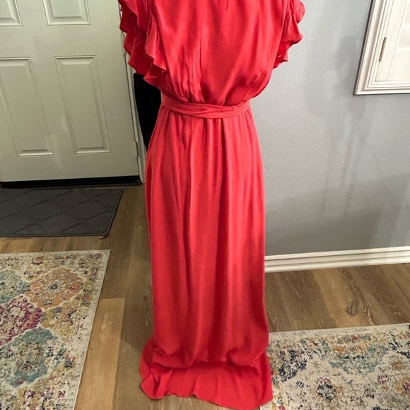 🧡”Express” Beautiful V-Neck High/Low Wrap Ruffled Coral Dress Size XXS - Picture 5 of 9